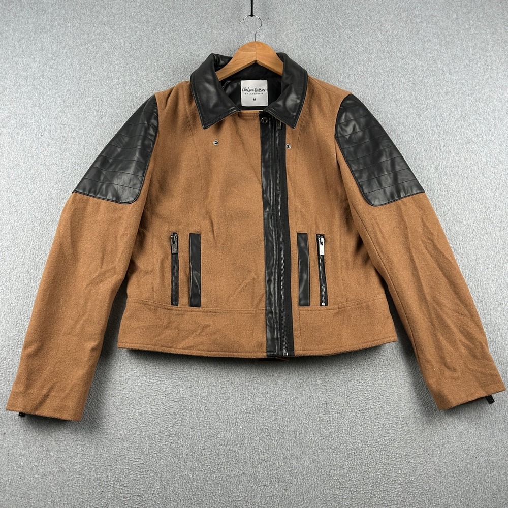 Lily & Lottie Jacket Womens M Chelsea DeBoer Brown Moto Wool Blend Faux Leather